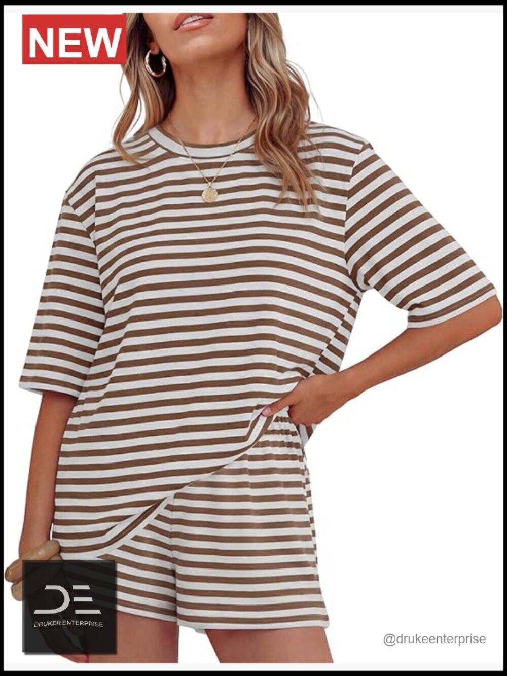 Striped 2 Piece Short Set Loose Fit Matching Lounge Travel Workout Outfit